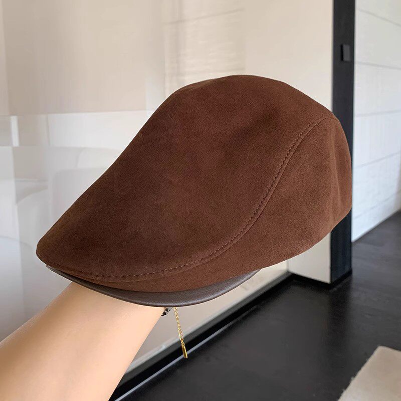 女士春秋冬反绒真皮画家帽真皮羊皮帽子文艺气质鸭舌帽男女贝雷帽