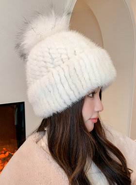 CENCY水貂编织狐狸球帽子 冬保暖护耳加厚皮草女帽可爱皮草真毛帽