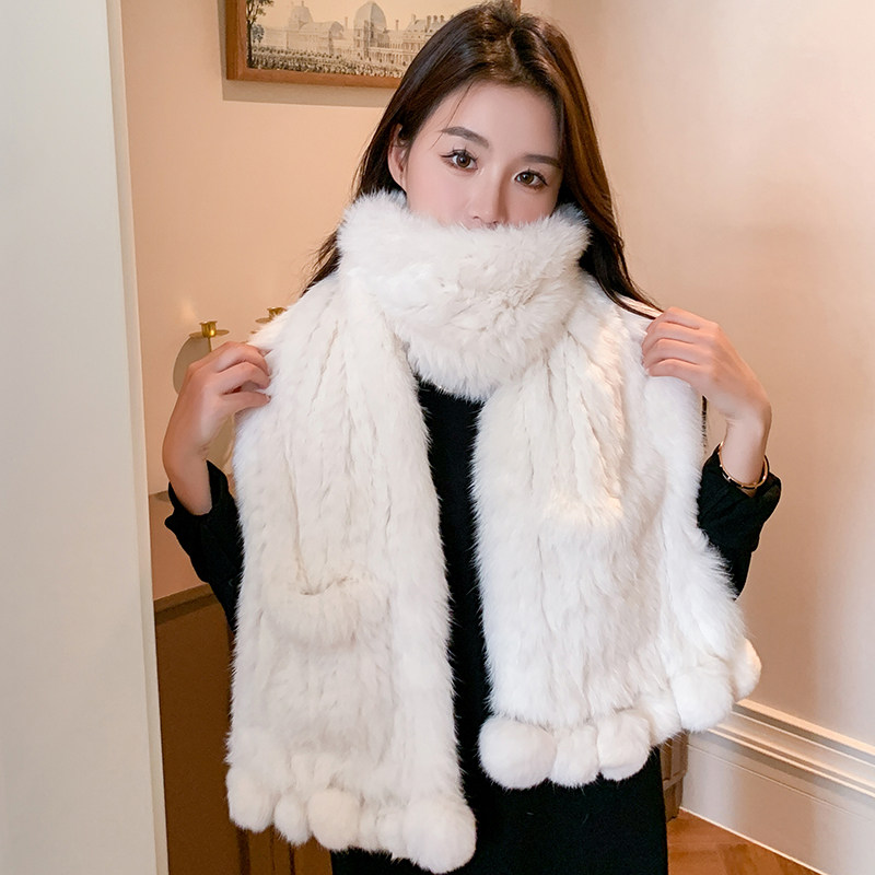 兔毛披肩韩版女士双面编织加厚真皮草毛毛披肩可爱球球纯色大围巾