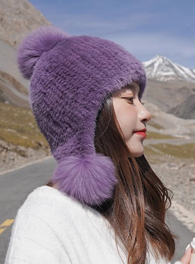 CENCY 高品质~水貂毛加密编织弹力护耳帽 浪漫紫色狐狸毛冬季保暖
