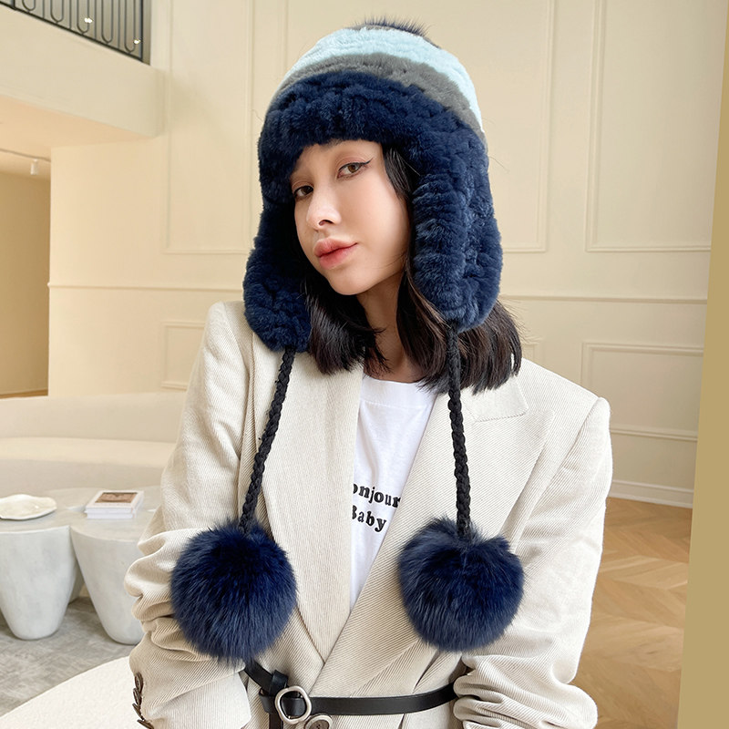 CENCY獭兔毛皮草帽子 拼色系狐狸毛球球冬季保暖护耳女帽可爱休闲