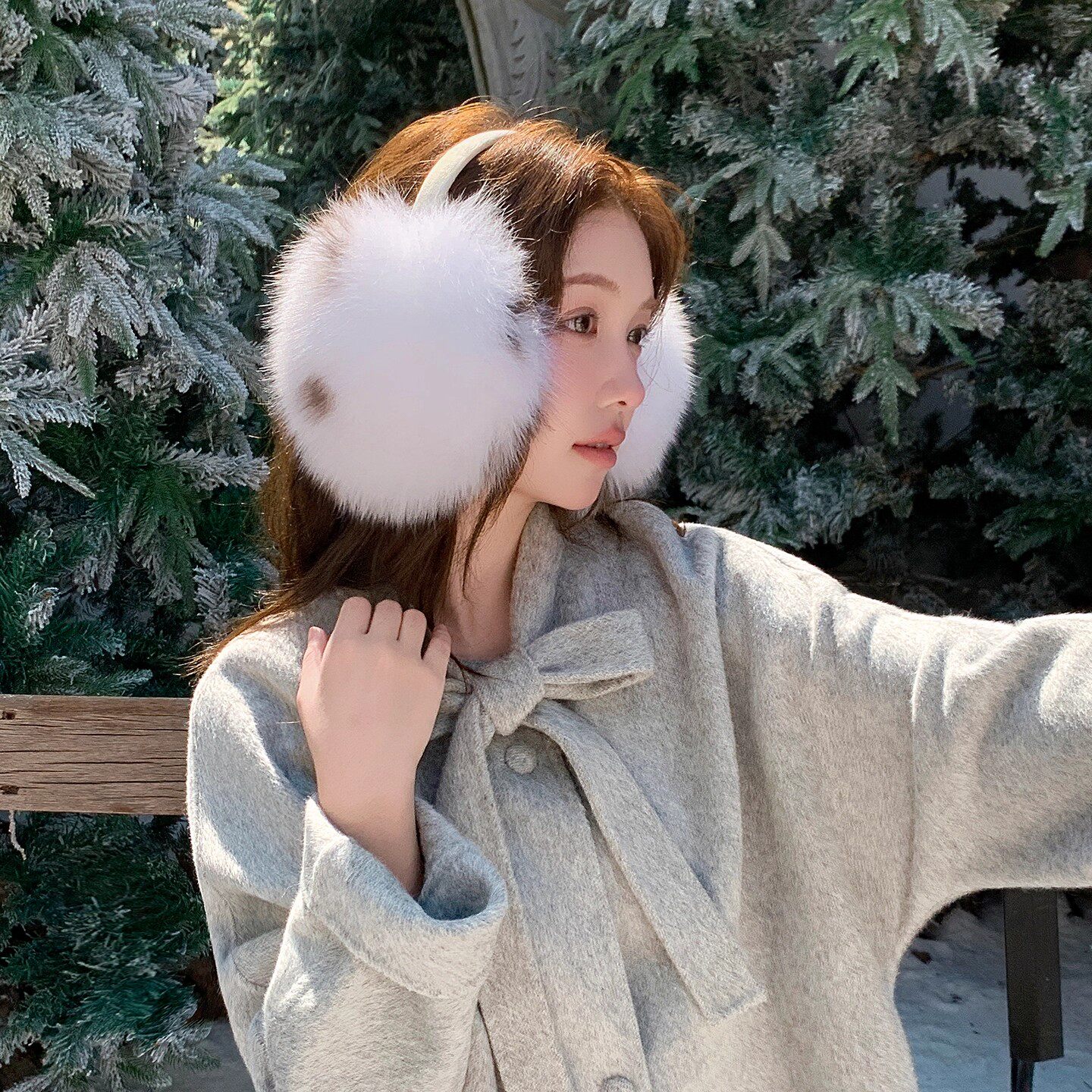 狐狸毛真毛皮草耳包 仿山猫色斑点皮草大耳罩女白色暖耳耳包冬季