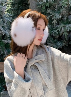 狐狸毛真毛皮草耳包 仿山猫色斑点皮草大耳罩女白色暖耳耳包冬季