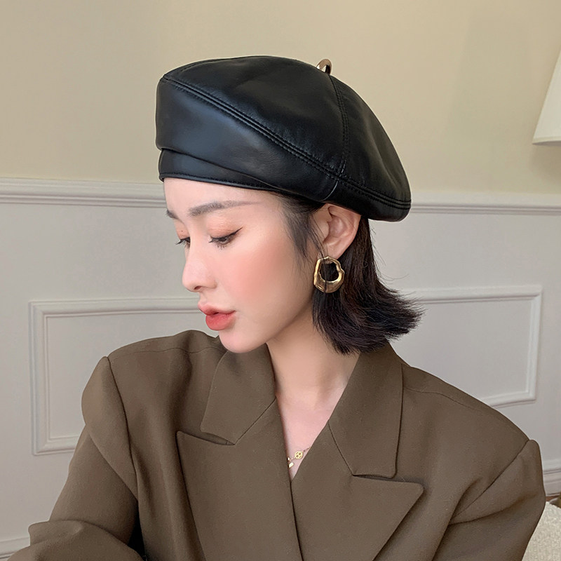 CENCY 秋真皮小礼帽 女士小羊皮网红贝雷帽 复古画家帽金属圆环