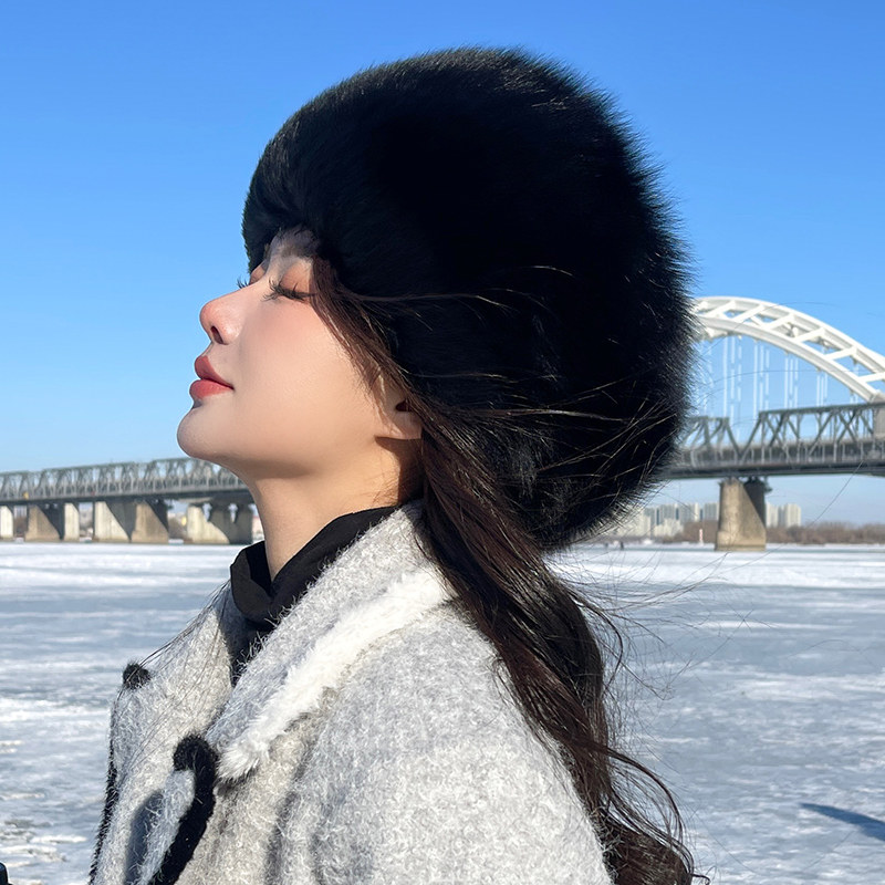 冬季狐狸毛小圆帽 草原雪山旅行东北皮草真毛气质保暖帽子男女