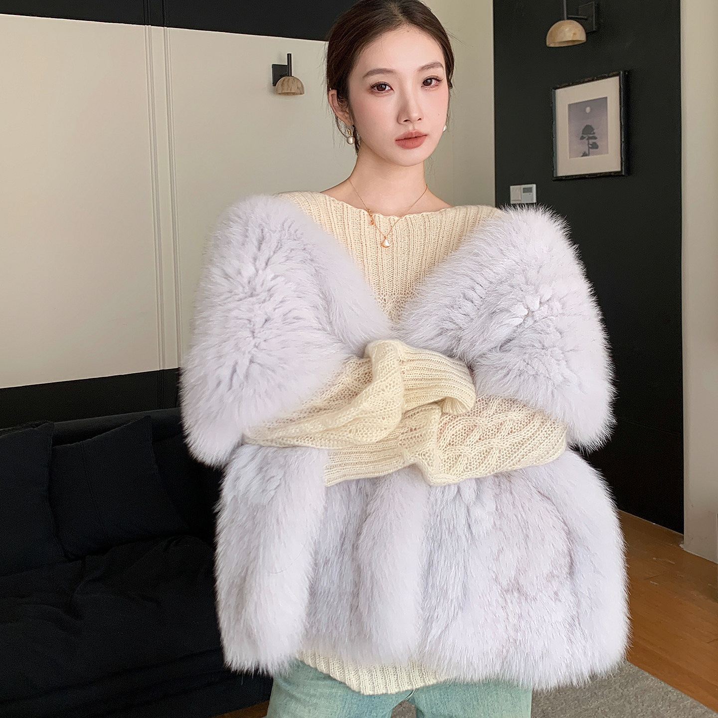 小富婆披肩～狐狸毛手工双面编织柔软保暖真毛晚宴披肩大围脖