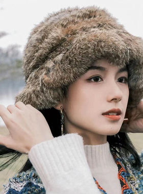 CENCY 新款兔毛荷叶边渔夫帽 真毛双面编织皮草盆帽显脸小女帽