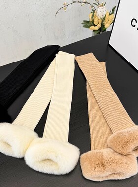 冬季保暖配七分袖连指手套女韩国獭兔毛配针织长款皮草手臂套袖筒