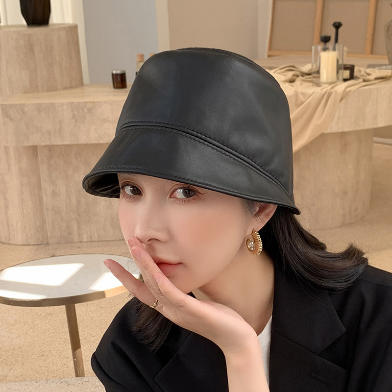 CENCY显脸小百搭真皮渔夫帽小羊皮秋冬柔软皮帽子女防晒帽子遮阳