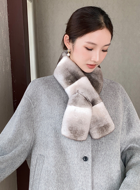 叠搭堪比龙猫法产天然色獭兔毛皮草交叉式围脖/围巾柔软细腻保暖