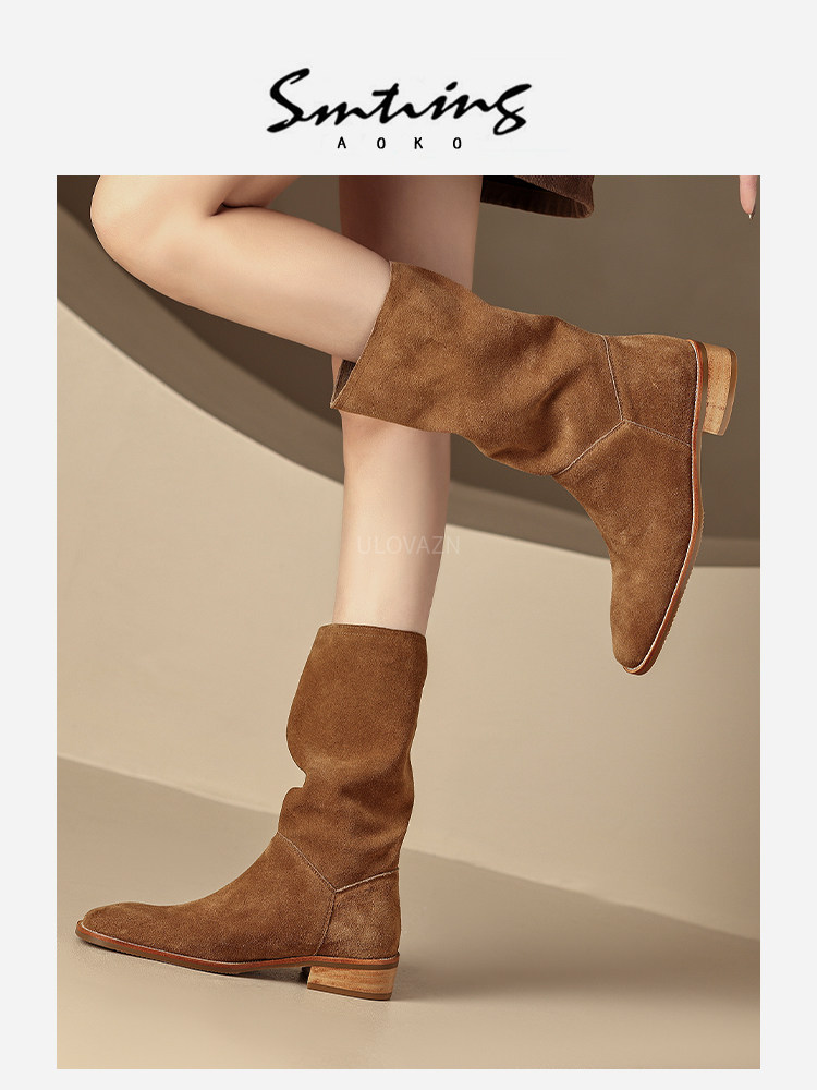 일본 ULOVAZN-KOKUSAIY? 여성을 위한 가을 신상 브라운 스웨이드 레트로 플리츠 미드 커프 웨스턴 부츠