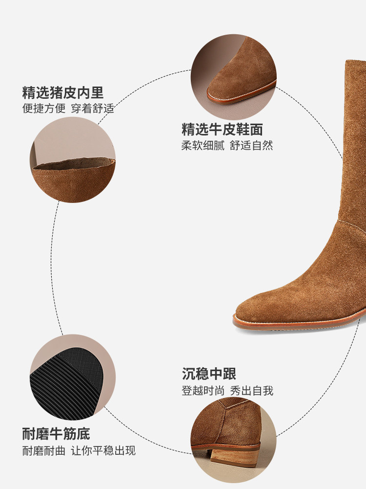 일본 ULOVAZN-KOKUSAIY? 여성을 위한 가을 신상 브라운 스웨이드 레트로 플리츠 미드 커프 웨스턴 부츠