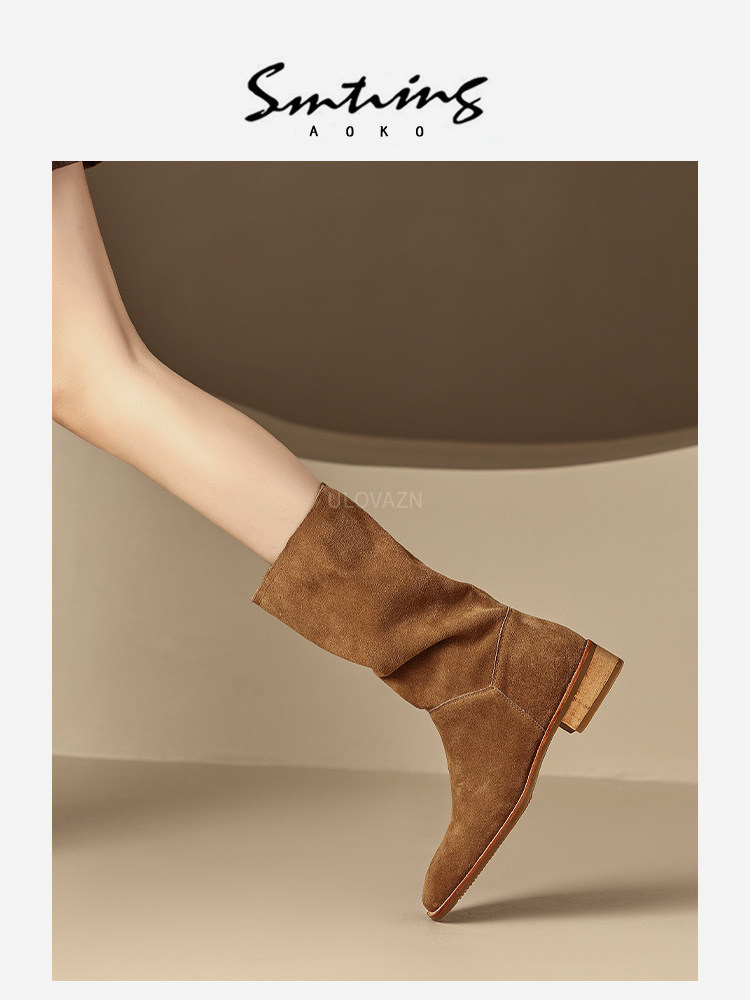 일본 ULOVAZN-KOKUSAIY? 여성을 위한 가을 신상 브라운 스웨이드 레트로 플리츠 미드 커프 웨스턴 부츠