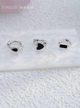 黑色系mini潮养耳洞免摘耳骨环925纯银迷你黑水滴5mm长方爱心耳扣