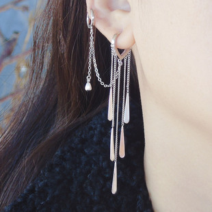 原创设计高级感S925银翎羽滴流苏一体耳环三耳洞连体耳扣长款耳饰