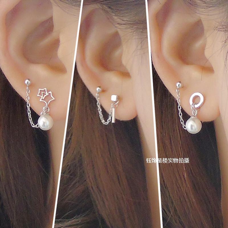 双耳洞纯银短款耳环相恋星系串线