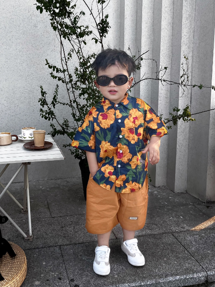 레트로 홍콩 스타일 3인 가족 여행 친자복 하와이안 루즈 쉬폰 해변 휴가 해변 모자 셔츠