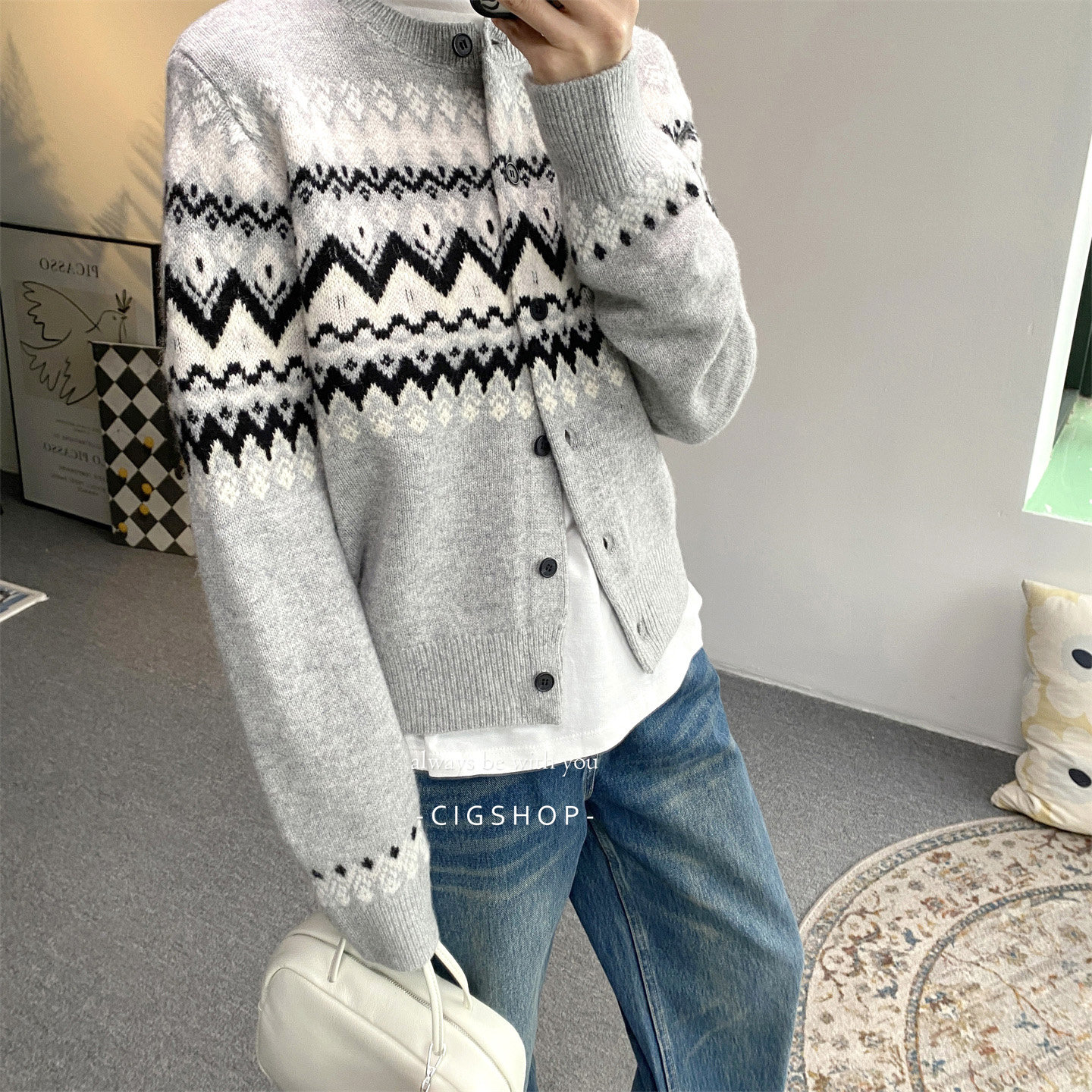 费尔岛毛衣开衫几何格纹提花