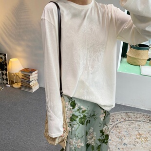 新中式刺绣圆领长袖T恤女26新款慵懒风宽松显瘦麻里棉内搭打底衫