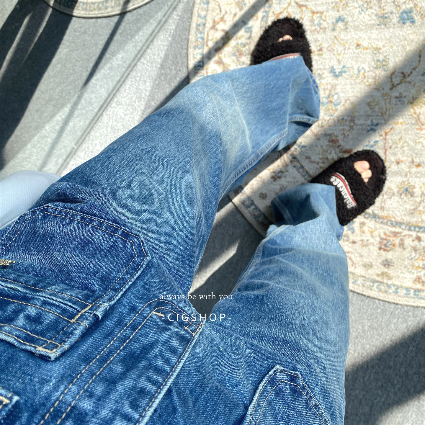 链条口袋牛仔裤蓝色直筒百搭长裤