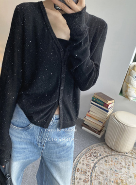 精工流光亮丝亮片柔软羊毛混纺纱线优雅黑色V领修身短款针织开衫