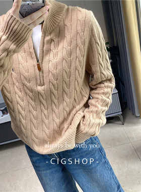 实用主义老钱格调时髦多穿半拉链领复古绞花宽松毛衣羊毛羊绒针织