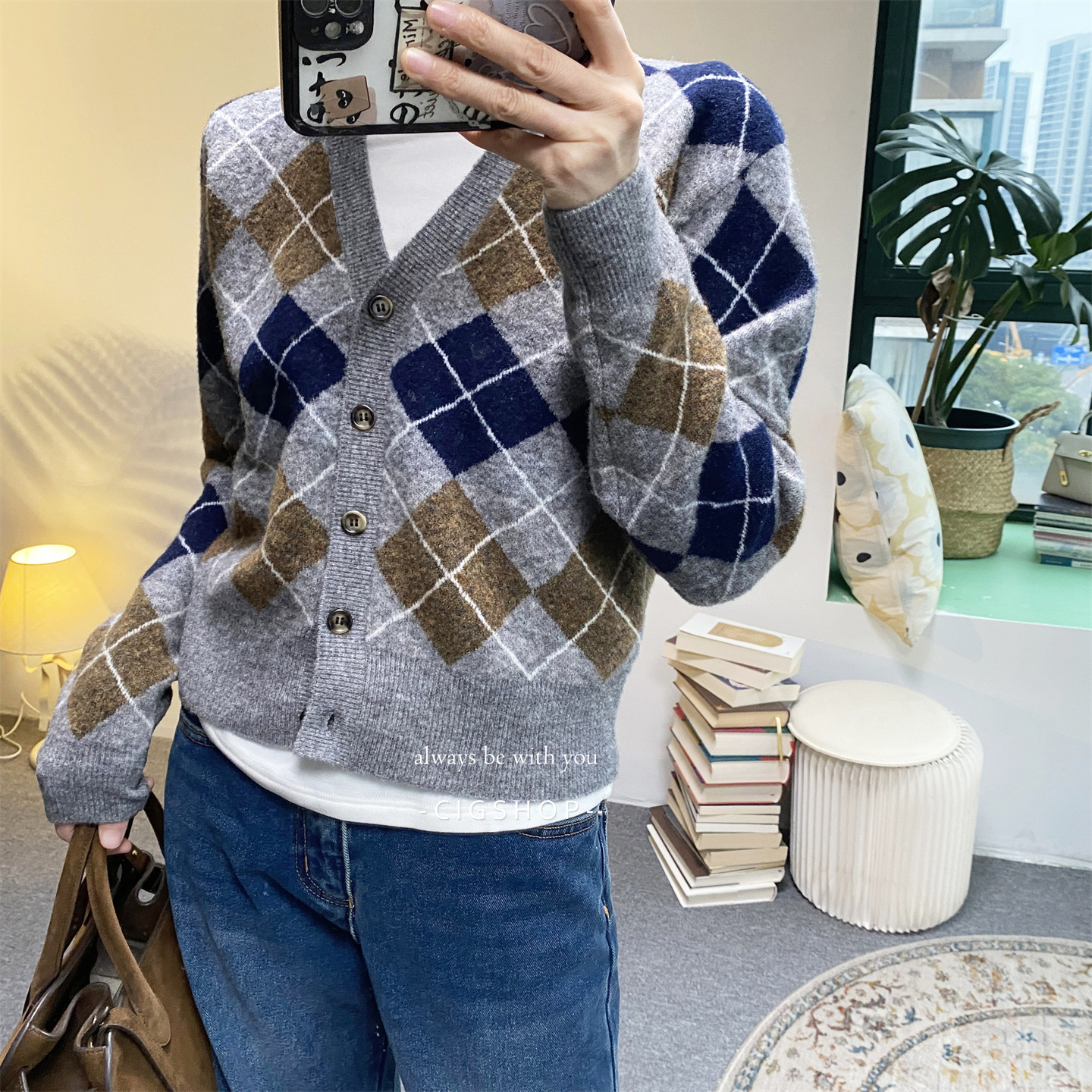 撞色菱格针织毛衣背心开衫
