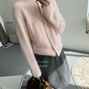 时髦小众 甜美减龄郁金香花朵刺绣百搭羊驼毛混纺针织毛衣开衫