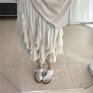 法式 裙子夏 浪漫蕾丝拼接荷叶边温柔杏色半身裙松紧腰少女气新款