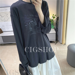 city T恤 仿旧城市印花简约素描棉麻混纺平纹布宽松廓型长袖