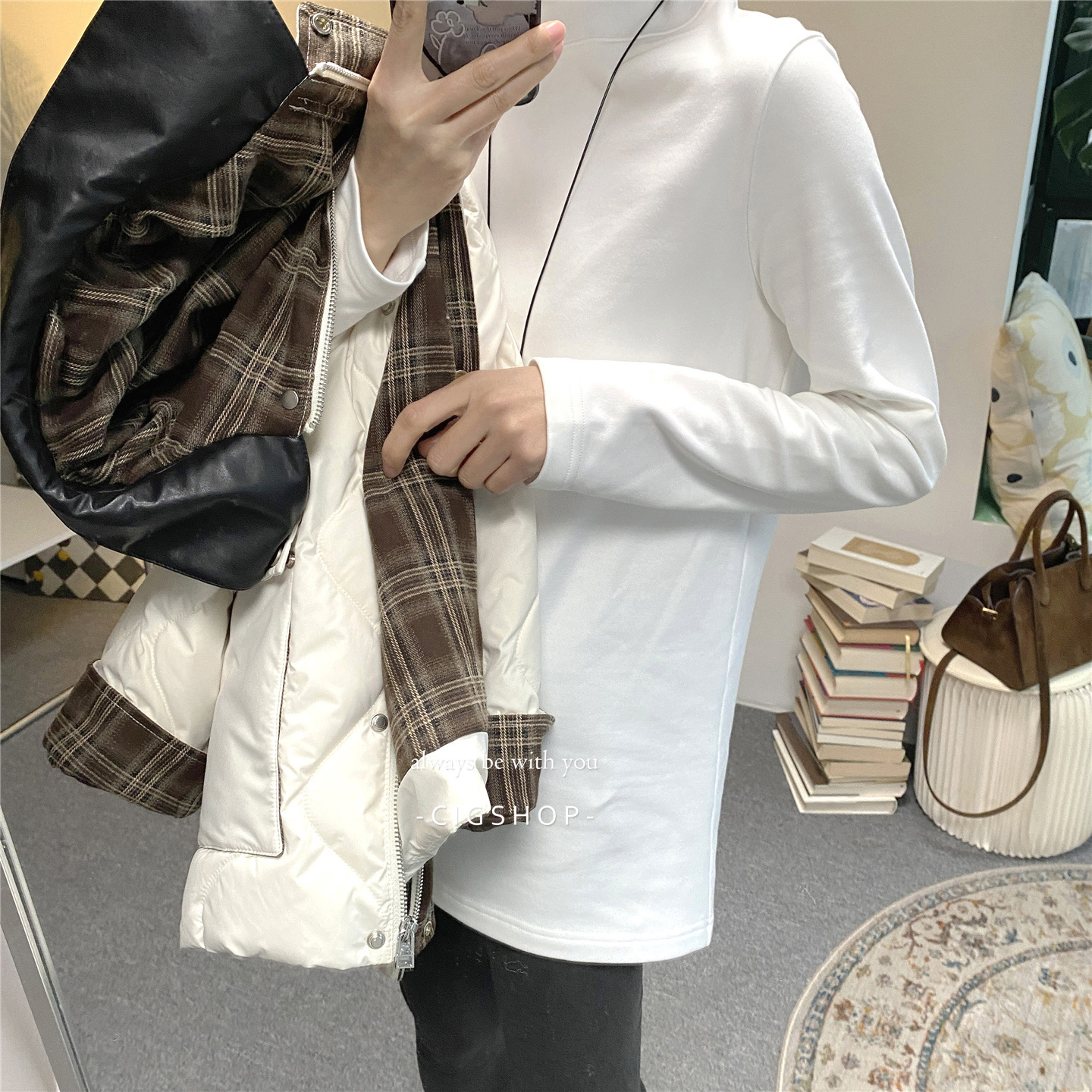 加厚加绒纯棉长袖白色t恤