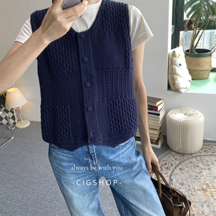手工温度 多种针法拼接肌理纯棉针织V领马甲开衫粗棒针针织背心女