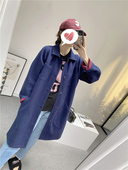早春新款 日系复古撞色风衣大衣外套女 刺绣r柔软深蓝牛仔中长款