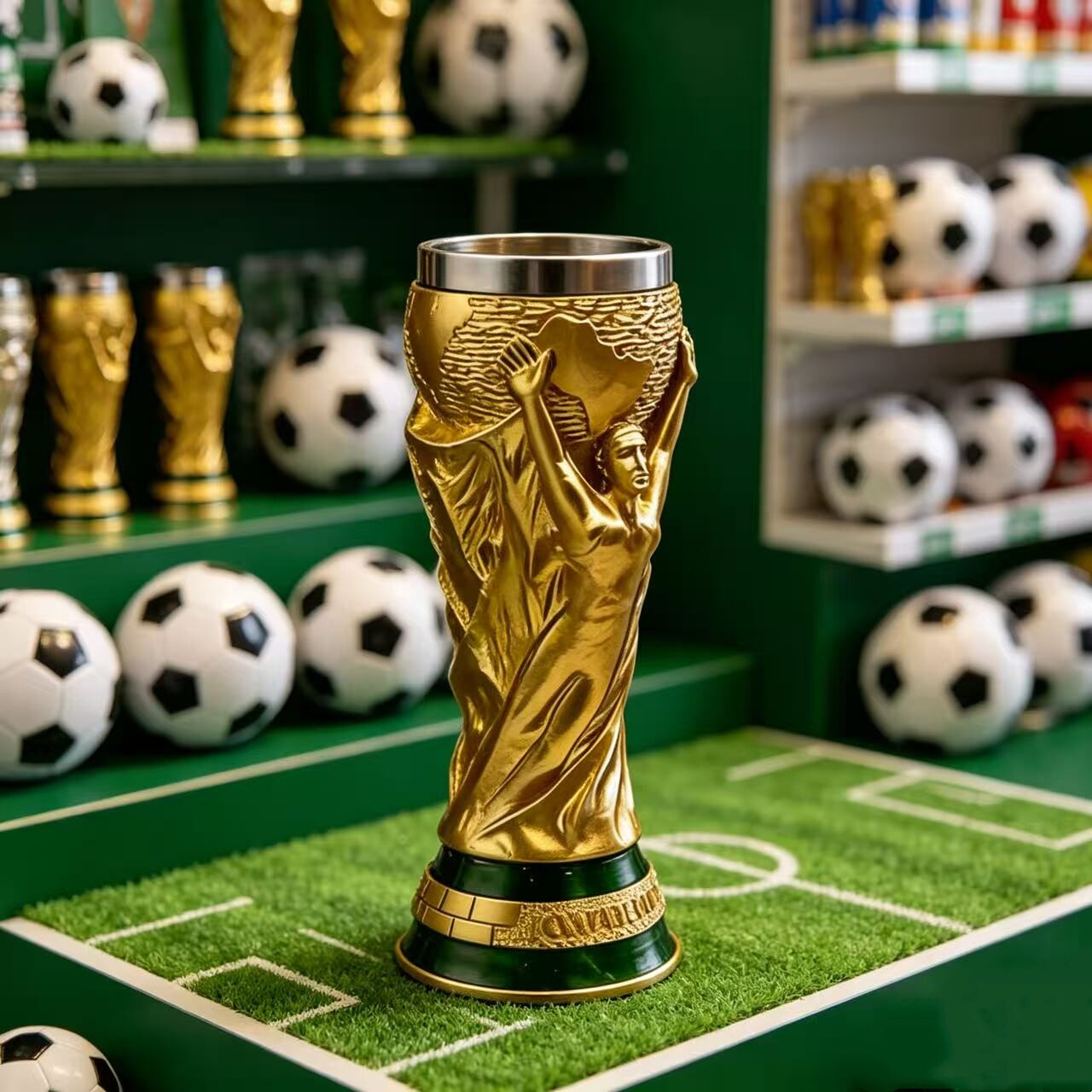 美加墨世界杯冠军奖杯造型啤酒杯高档金属雕花足球杯收藏酒吧摆件