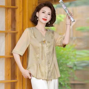 宽松显瘦中老年女装 新中国风彩绘2025夏季 休闲妈妈装 装 上衣潮 时尚