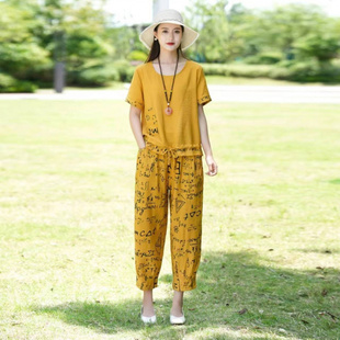 洋气印花字母短袖 妈妈装 2023新款 夏季 上衣宽松两件套 休闲棉麻套装