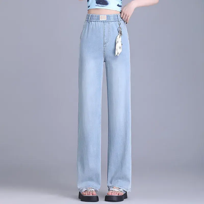 浅色天丝阔腿牛仔裤女2025夏季新款高腰宽松显瘦垂感冰丝直筒裤女