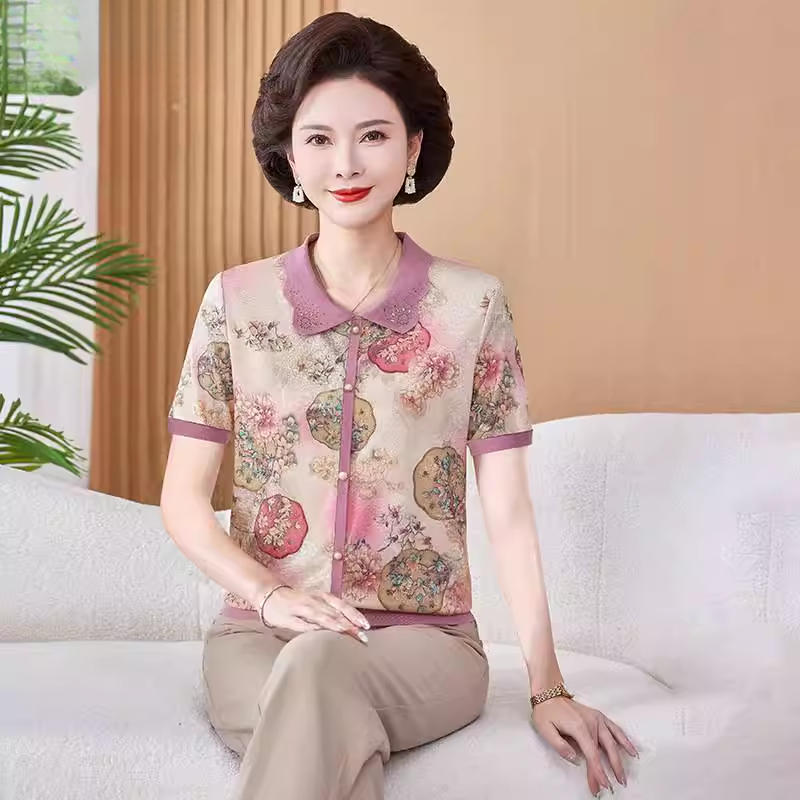 小个子2025新款妈妈夏装冰丝小衫上衣洋气中老年人女装短袖T恤薄