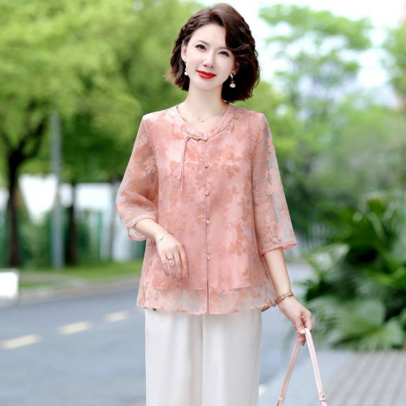 中年妈妈夏装七分袖衬衫套装2025新款洋气质中老年女装小衫两件套