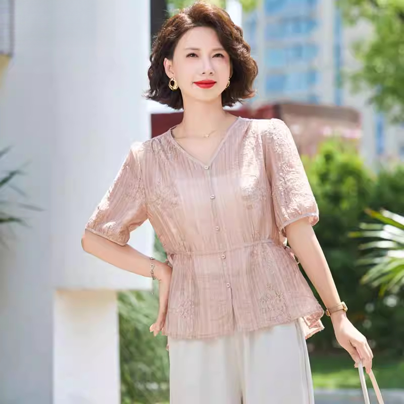 妈妈夏装气质衬衫2025新款洋气中老年女装V领短袖收腰衬衫上衣女
