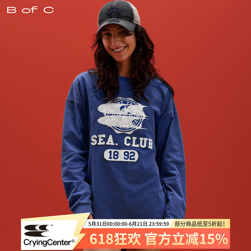 CryingCenter联名bofc 水洗破坏贴布绣花学院徽章Seaclub 长袖TEE
