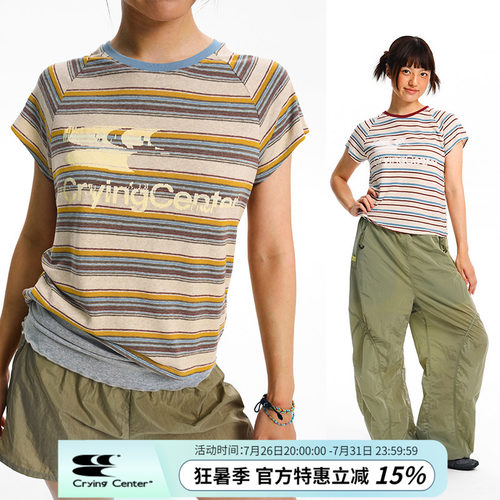 CryingCenter 故障logo汉麻条纹插肩袖修身T恤夏日短袖 女款