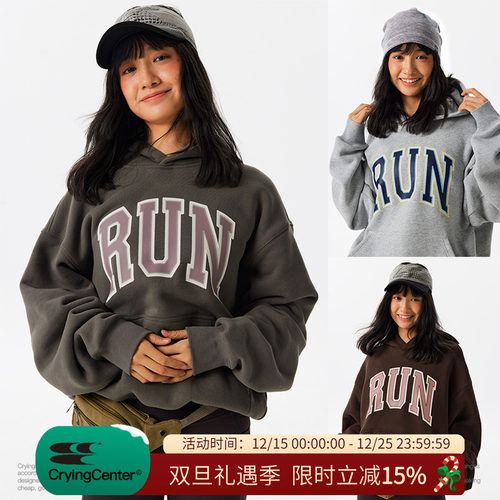 CryingCenter RUN复古戴帽加绒跑步文化帽衫 哭喊中心