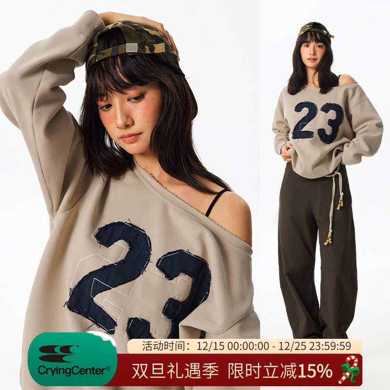 CryingCenter 斜肩加绒做旧宽松号码卫衣 哭喊中心