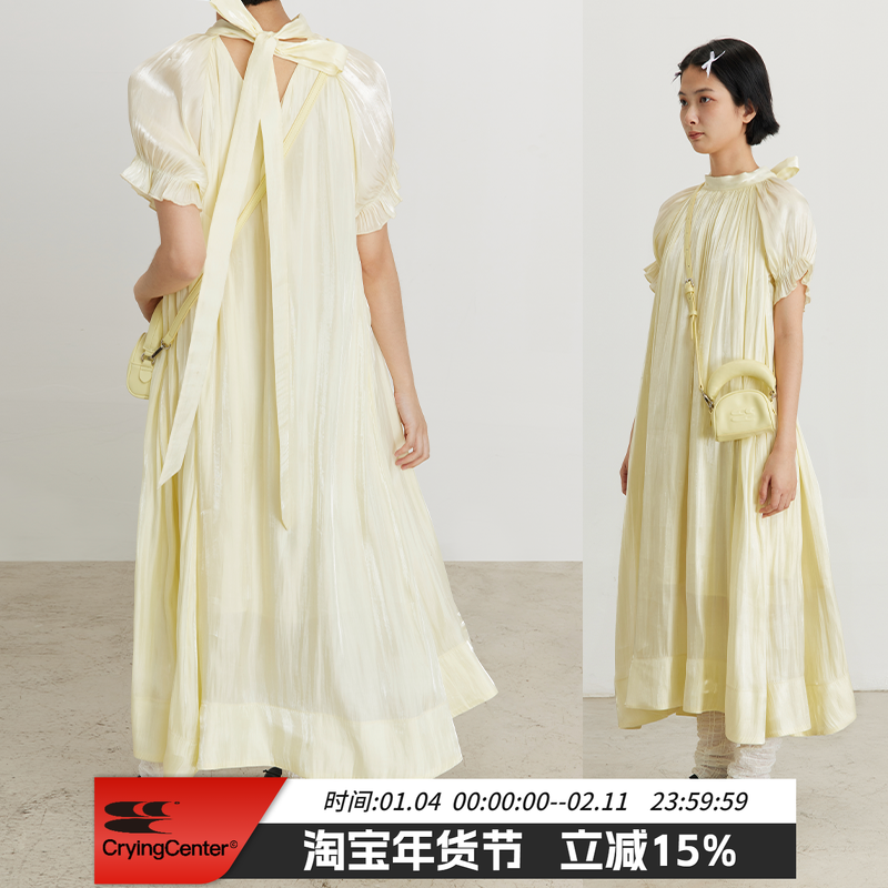 cryingcenter 轻薄光泽缎面垂顺多褶系袋奶油连衣裙,女装/女士精品,连衣裙,淘宝优惠券,粉丝福利购,淘宝优惠卷