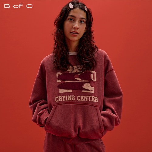CryingCenter联名bofc 奥粒绒洗水做旧复古字母连帽卫衣