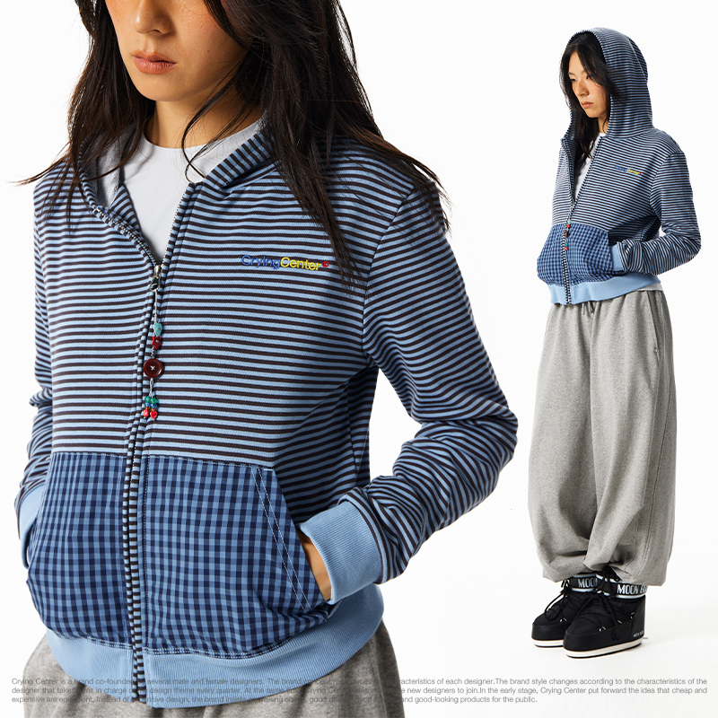 CryingCenter条纹格纹拼接合身短款卫衣拉链外套长袖 哭喊中心