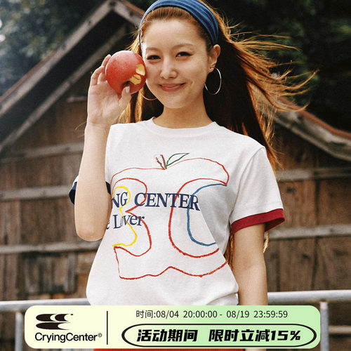 CryingCenter 微透雪花纹理竹节棉轻薄合身正肩线条3C苹果印花Tee