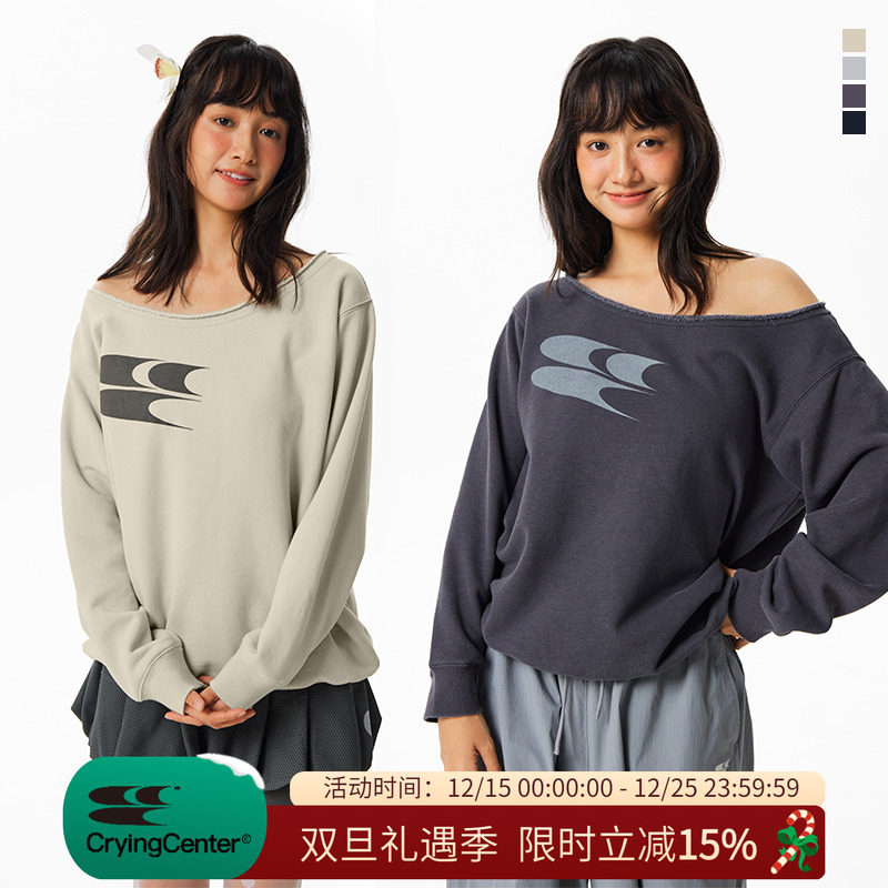 CryingCenter一字斜肩logo卫衣软糯加绒休闲显瘦秋装上衣长袖女款