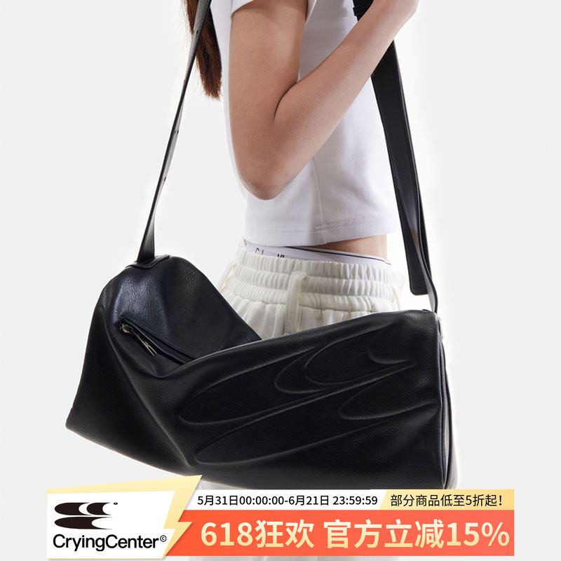 CryingCenter 黑色皮质吐司包logo斜挎包 哭喊中心